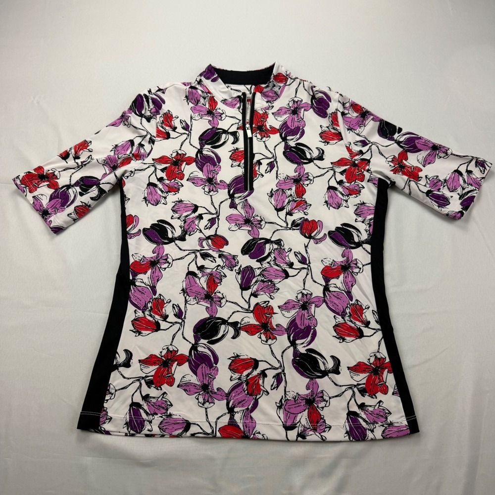Tail Golf Top Womens Small White Floral 1/4 Zip Short Sleeve Athletic Shirt‎